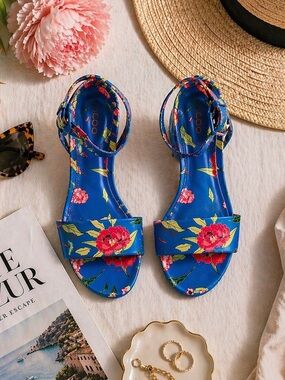 Aldo Blue Floral Block Heel Ankle Strap Sandals Statement Heel 9